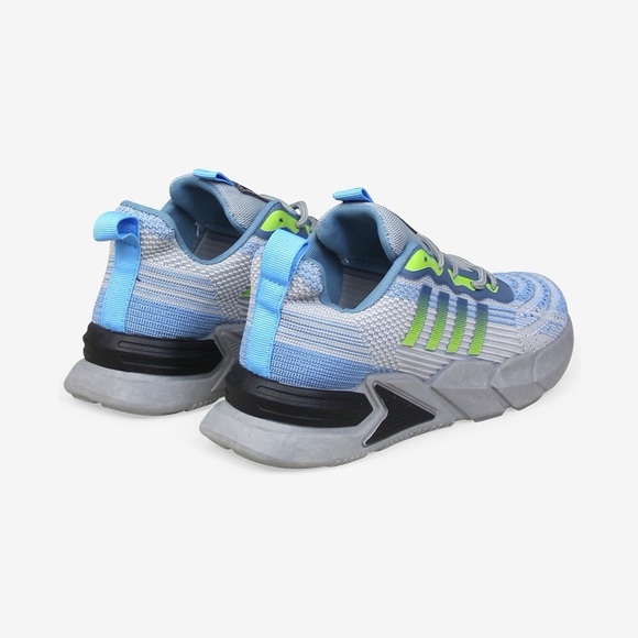 Men's Low Top Chunky Sole Lace Up Stripe Effect Sneaker in Blue and Grey Fabric - Picture 2 of 4